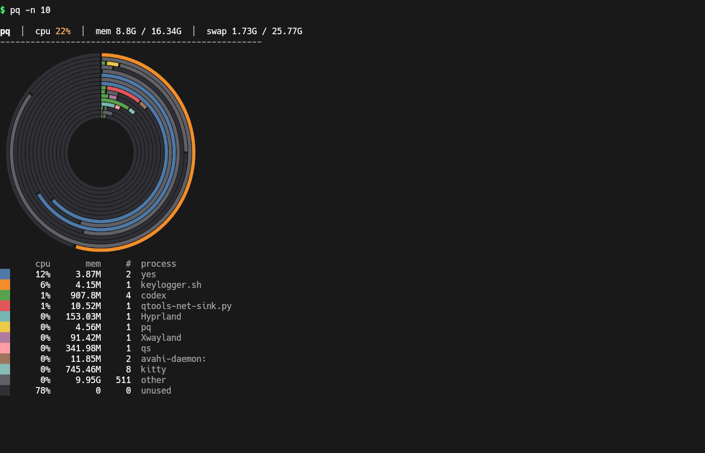 pq CPU and memory overview with a multiring chart and aligned process table